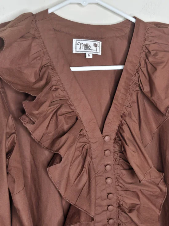 Mille Ruffle Front Puff Sleeve V-neck Romantic Top Brown Blouse - Picture 4 of 8